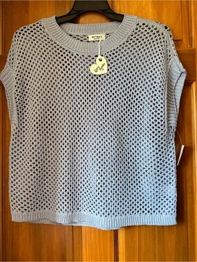 Light Blue Open-Weave Crewneck Sweater - Women's Casual Layering Top